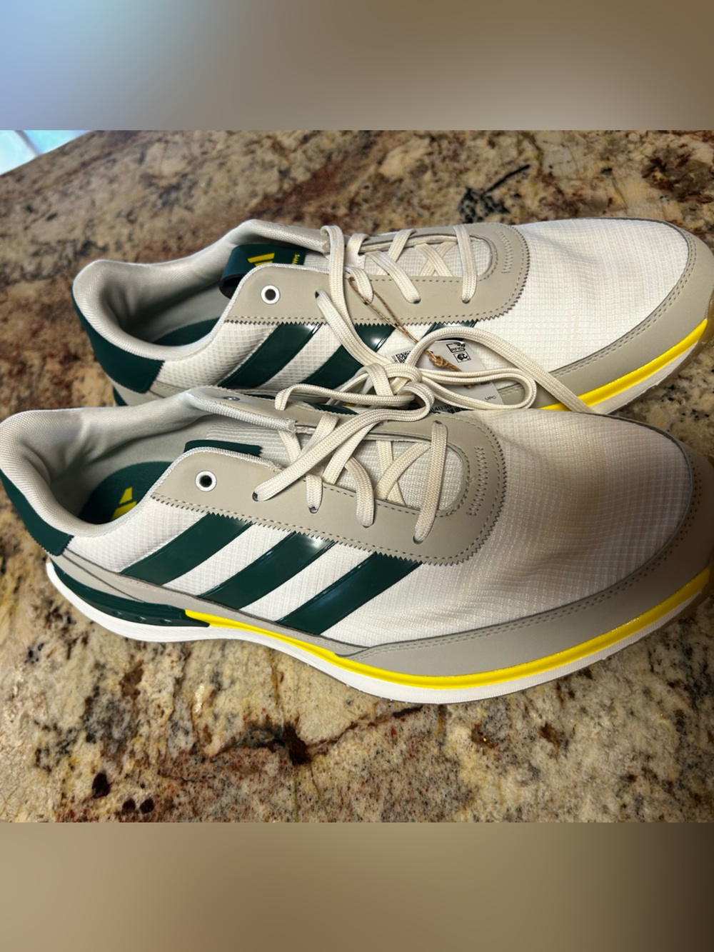 NWT adidas Men’s 13 White Golf Sneakers Dark Green Stripes Yellow Accents